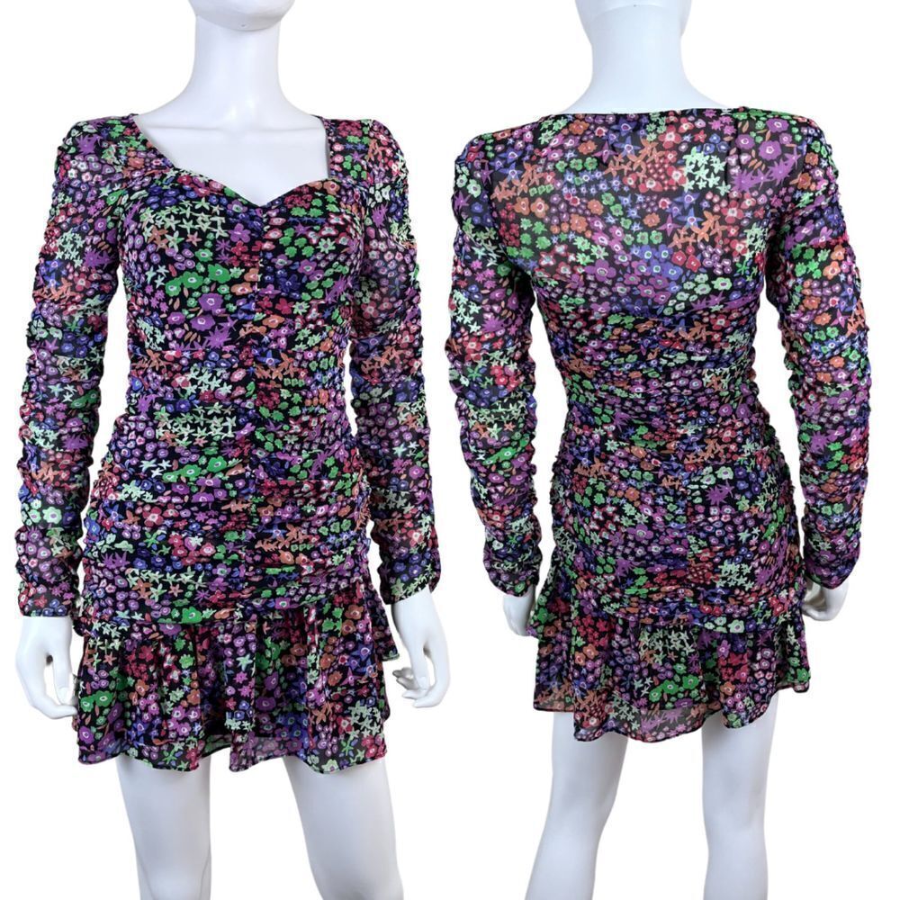 Zara Size XS Ruched Tiered Semi Sheer Resort Floral Print Draped Mini NEW Dress